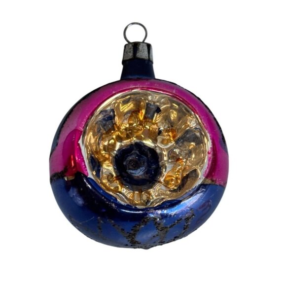 Vintage Indented Blown Glass Ornament Floral & Glitter Accents Poland 2 3/4" - Picture 1 of 6